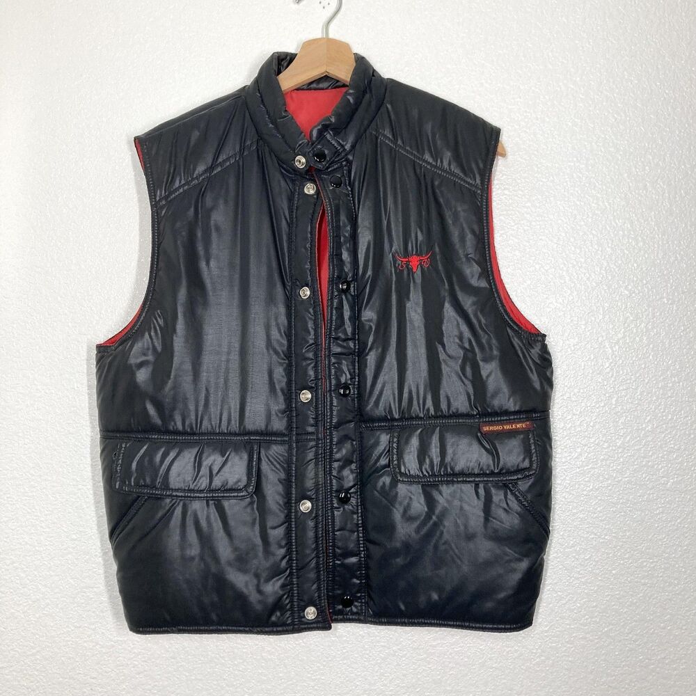 Sergio Valente Vest Mens Large Black Puffer Quilted Dragon Back Embroidered